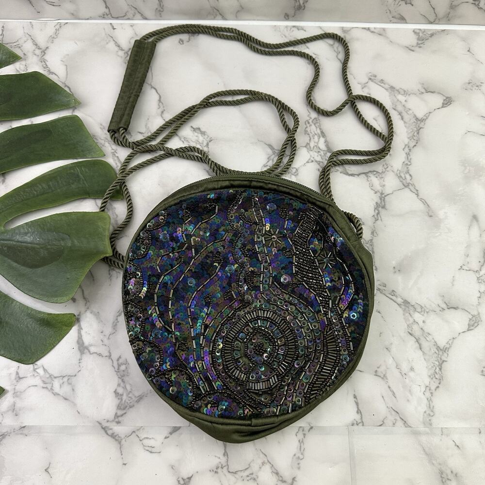 Caparros Vintage 90s Beaded Sequin Purse Bag Olive Green Iridescent Round